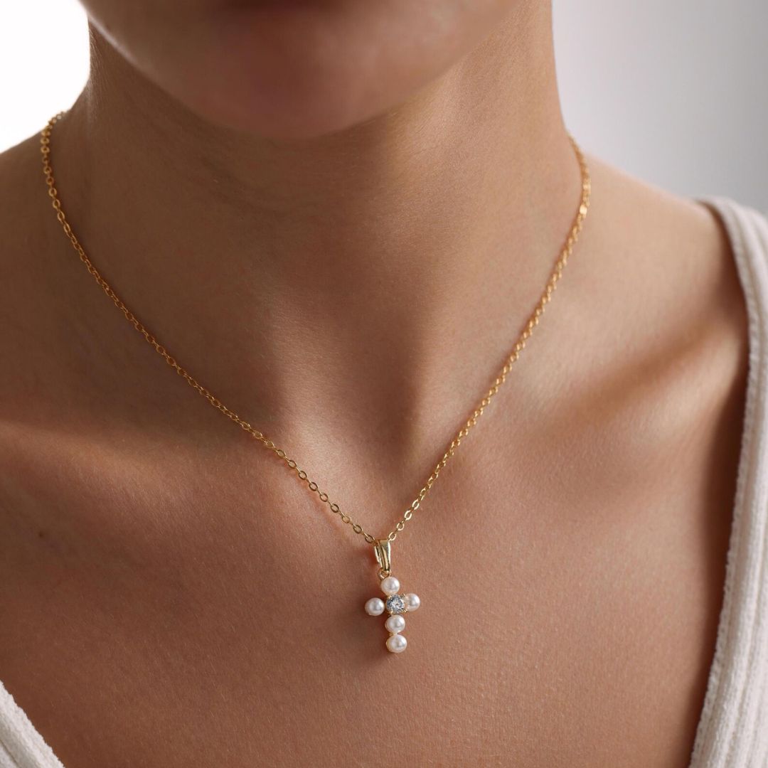 Celeste Pearl Cross Necklace