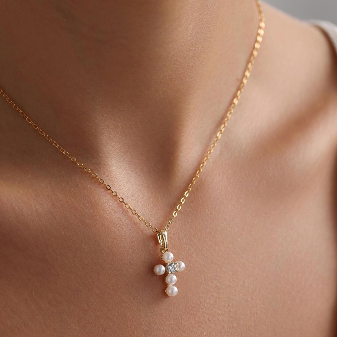 Celeste Pearl Cross Necklace