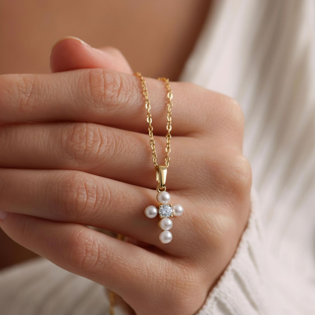 Celeste Pearl Cross Necklace